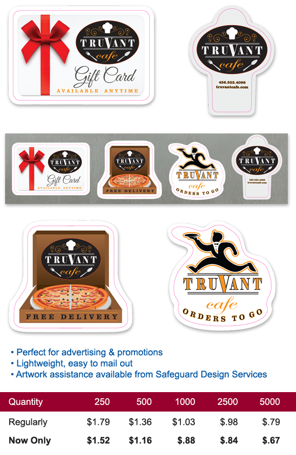 Perfect for advertising & promotions; Lightweight, easy to mail out; Artwork assistance available from Safeguard Design Services